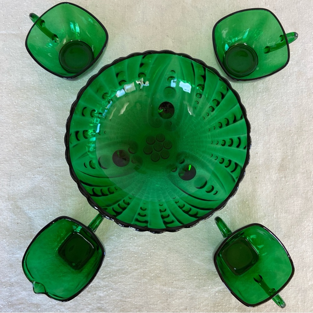 50s Anchor Hocking Forest Green Burple Inspiration Bubble Dot Footed 8.5” Bowl - Picture 11 of 11